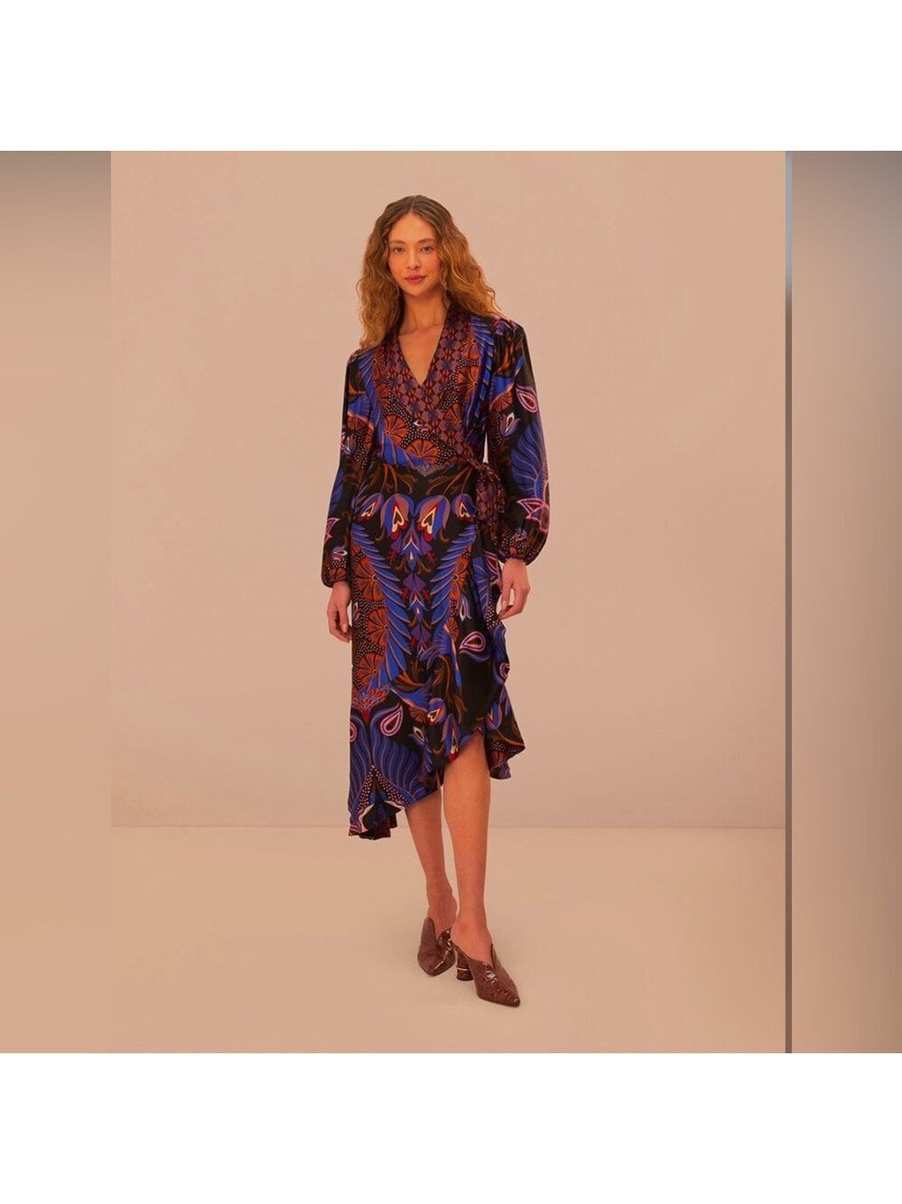 Farm Rio Heart Forest Black Long Sleeve Midi Dress